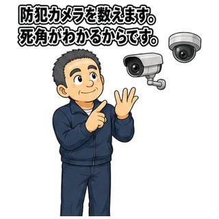 防犯カメラを数えます。死角がわかるからです。