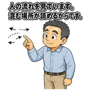 人の流れを見ています。混む場所が読めるからです。
