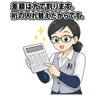 差額は九で割ります。桁の入れ替えだからです。