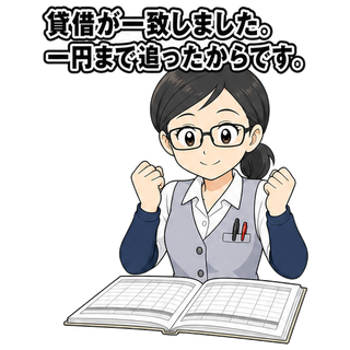 貸借が一致しました。一円まで追ったからです。