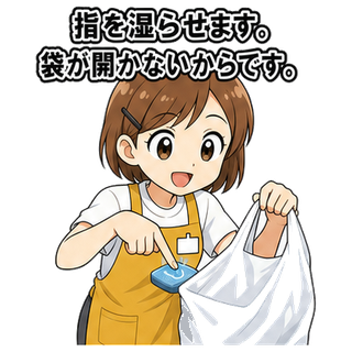 指を湿らせます。袋が開かないからです。