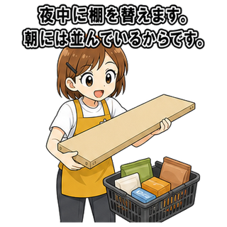 夜中に棚を替えます。朝には並んでいるからです。