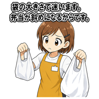 袋の大きさで迷います。弁当が斜めになるからです。