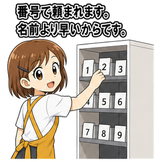 番号で頼まれます。名前より早いからです。