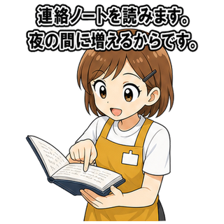 連絡ノートを読みます。夜の間に増えるからです。
