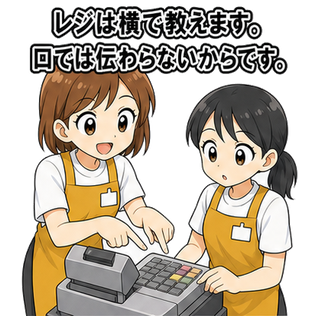 レジは横で教えます。口では伝わらないからです。