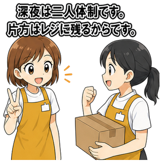 深夜は二人体制です。片方はレジに残るからです。
