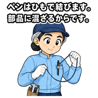 ペンはひもで結びます。部品に混ざるからです。