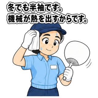 冬でも半袖です。機械が熱を出すからです。