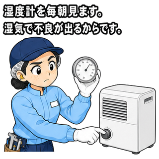 湿度計を毎朝見ます。湿気で不良が出るからです。