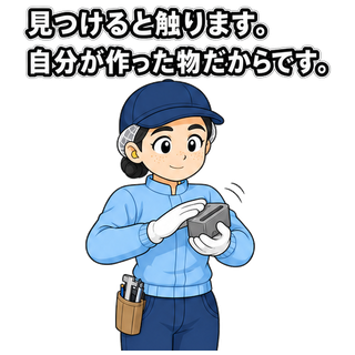 見つけると触ります。自分が作った物だからです。