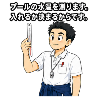 プールの水温を測ります。入れるか決まるからです。