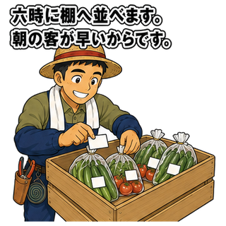 六時に棚へ並べます。朝の客が早いからです。