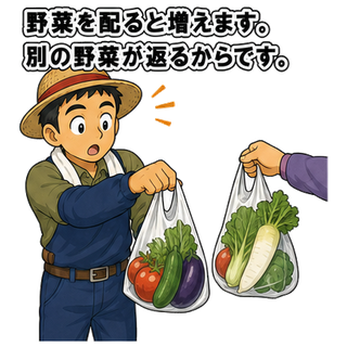 野菜を配ると増えます。別の野菜が返るからです。