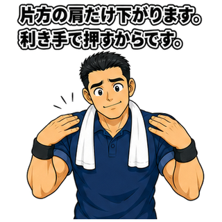 片方の肩だけ下がります。利き手で押すからです。