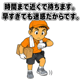 時間まで近くで待ちます。早すぎても迷惑だからです。