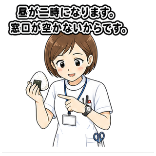 昼が二時になります。窓口が空かないからです。