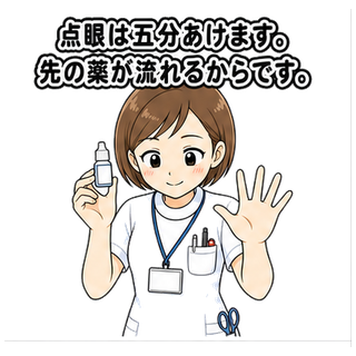 点眼は五分あけます。先の薬が流れるからです。
