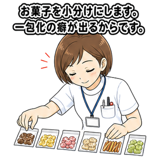お菓子を小分けにします。一包化の癖が出るからです。