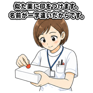 似た薬に印をつけます。名前が一字違いだからです。